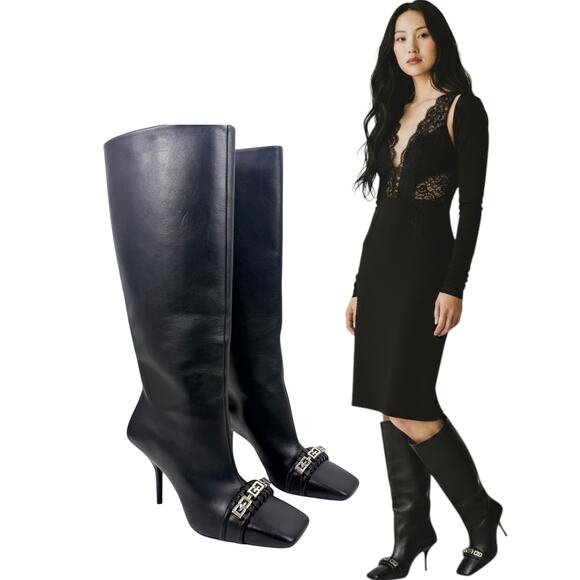 Givenchy Shoes - New Givenchy G Woven Leather Knee High Square Toe Boots Black Size 37